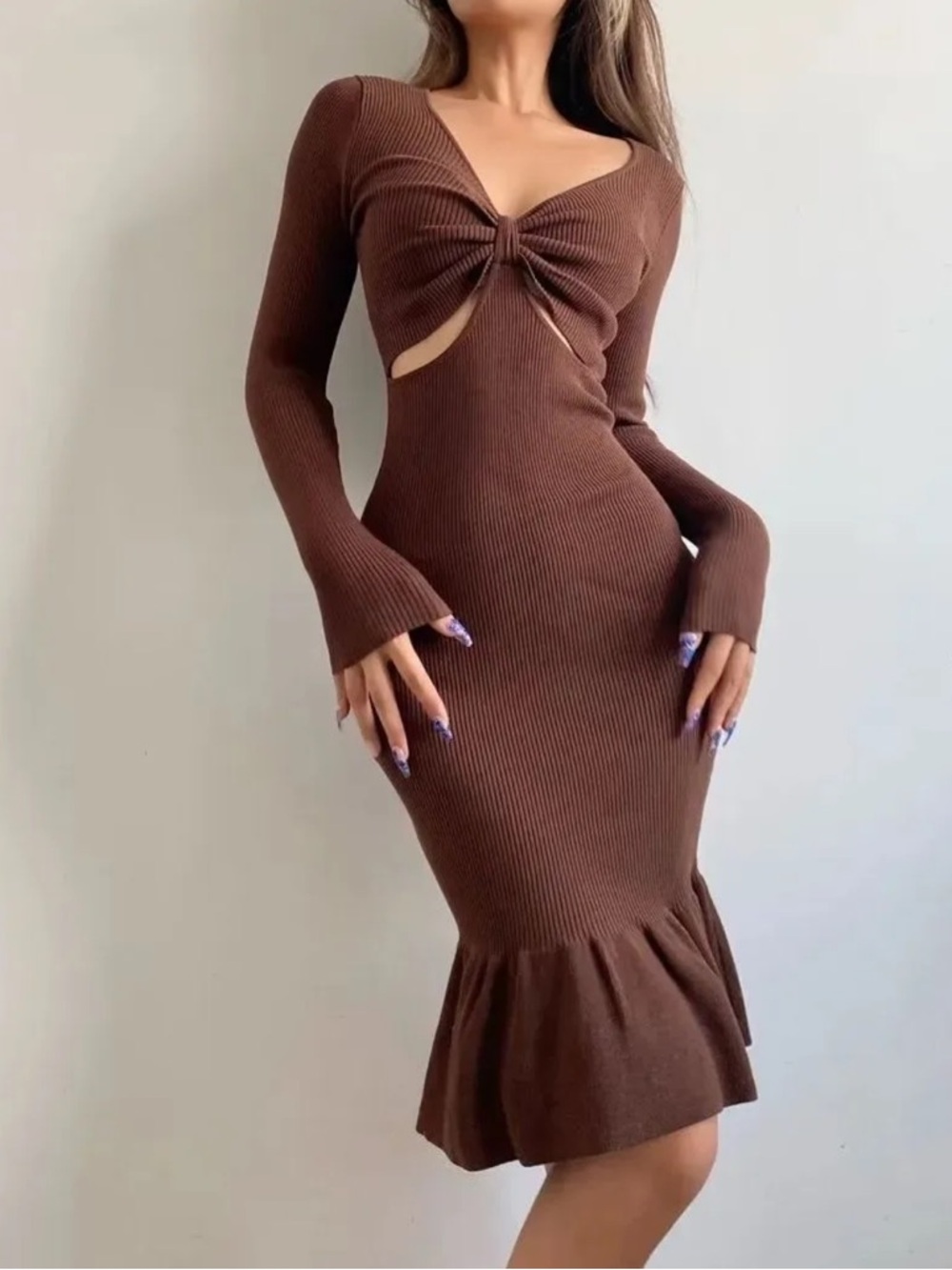 Chocolate Brown Ribbed Knit Cutout Midi Dress - Long Sleeve